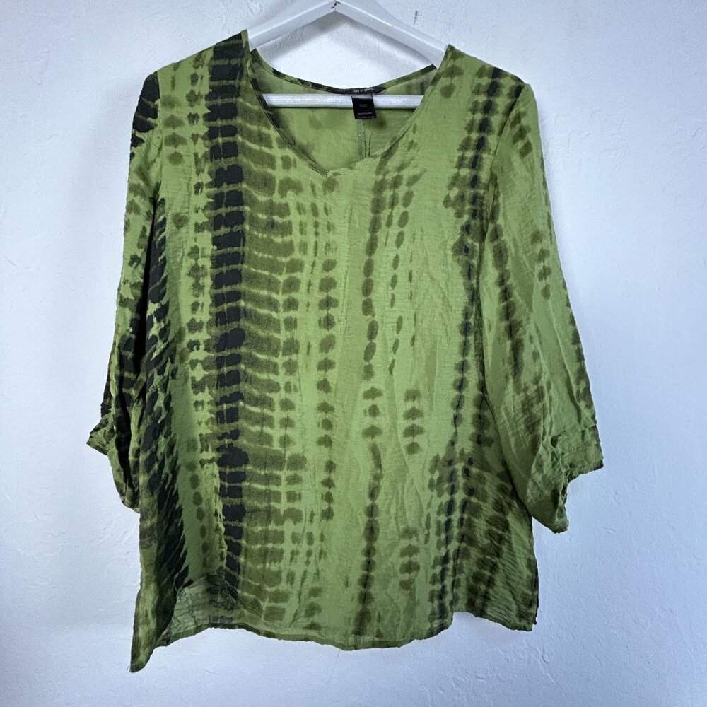 Ali Miles Womens Green Tie-Dye 3/4 Sleeve Blouse Top Large Button Back Detail